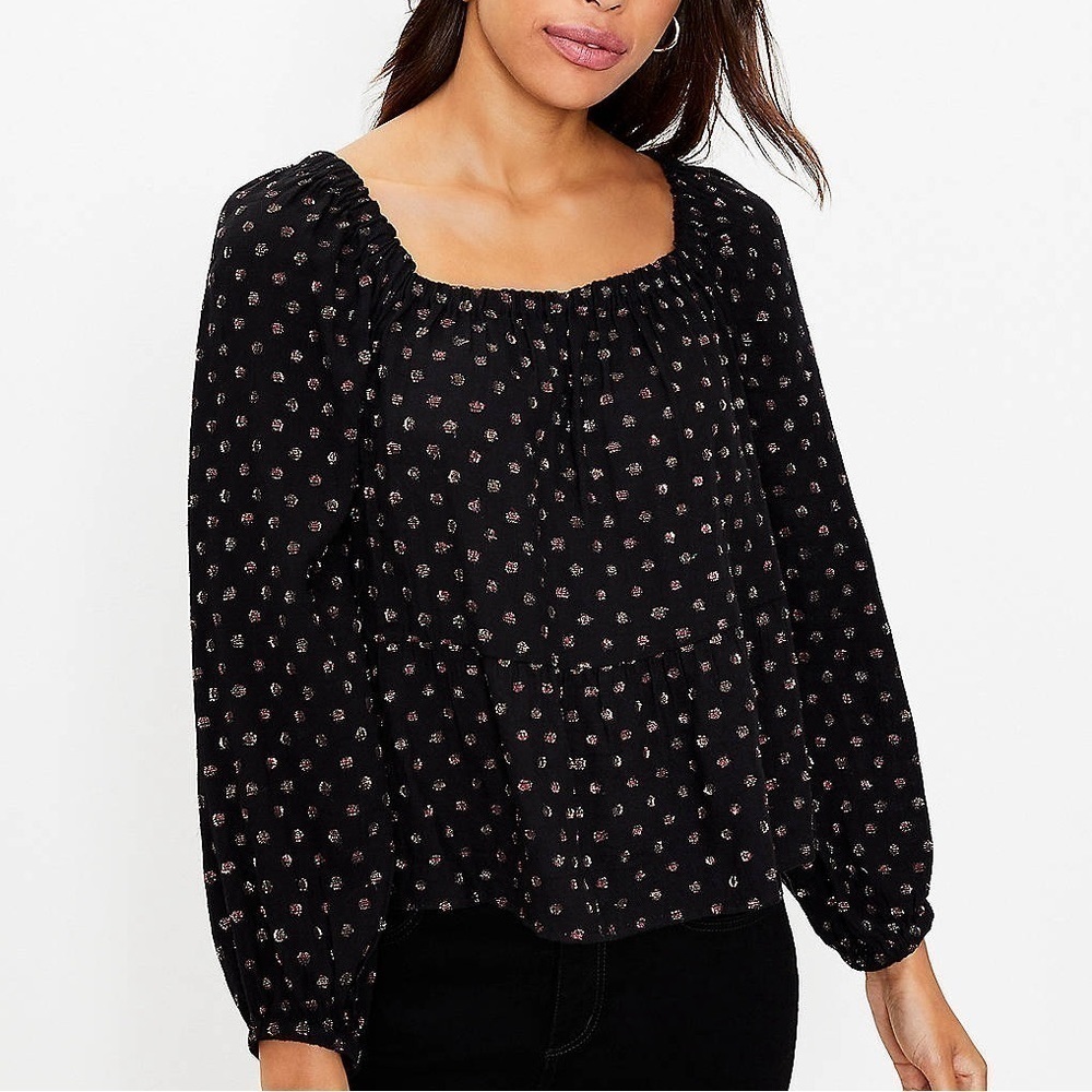 Loft NWT Shimmer Dot Square Neck Peplum Blouse Large Petite